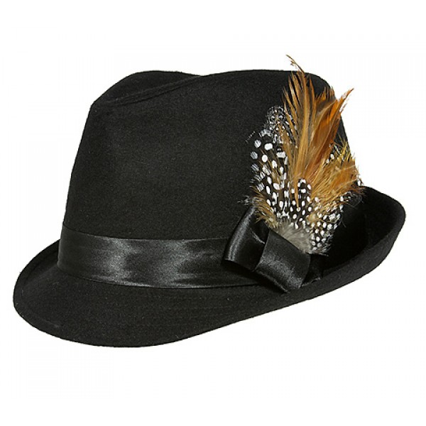 Fedora Hat - Wool-felt w/ Satin Ribbon Bow & Feather - Black - HT-AHA51777BK